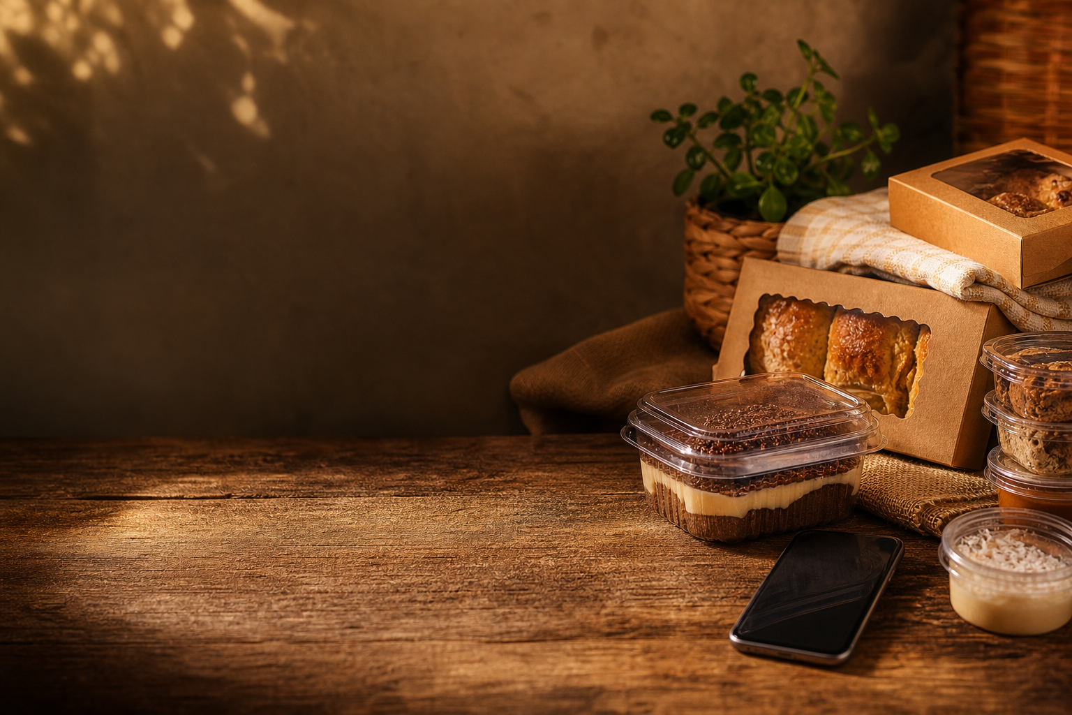 mesa rústica com alimentos caseiros embalados para venda e celular ao lado, sem texto